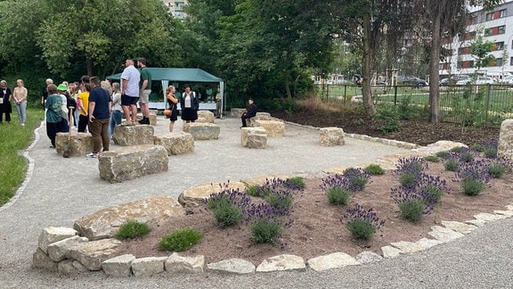 Steine und Blick auf eine Fläche mit Lavendel