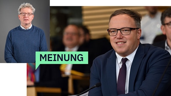 MDR Thüringen Redakteur Uli Sondermann-Becker (neutral) und Mario Voigt, CDU-Fraktionschef, sitzt im Plenarsaal Plenarsaal des Thüringer Landtags.