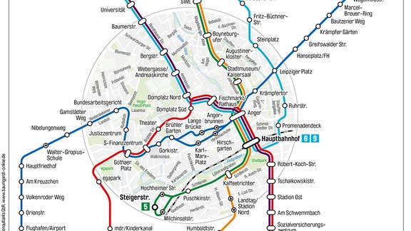 Eine Karte mit dem Straßenbahn- und Busnetz für Erfurt.