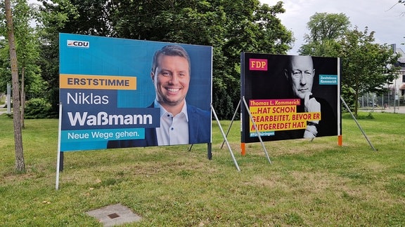 Zwei große Wahlplakate von CDU und FDP auf Aufstellern auf einer Grünfläche
