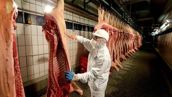 Schlachter bearbeitet Schweinehälften