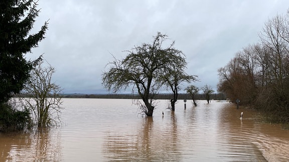 Hochwasser hat eine Straße überflutet.