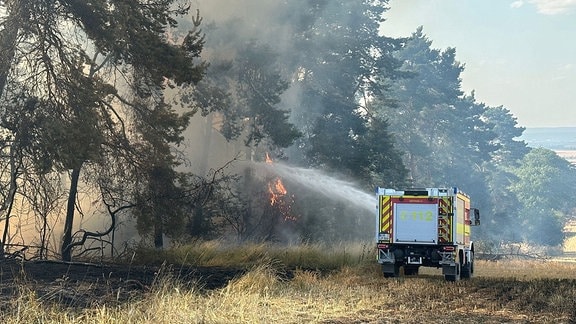 Ein Feuerwehrauto löscht einen Waldbrand.