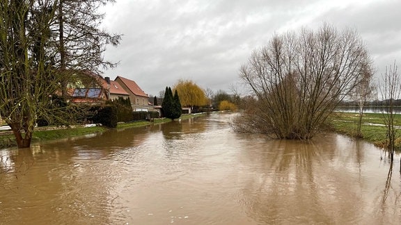 Fluss Helme, dessen braunes Wasser nur noch knapp unterhalb der Uferkante in der Nähe der Häuser von Mönchpfiffel-Nikolausrieth steht