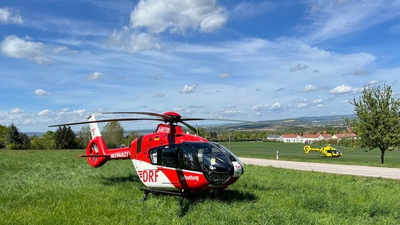 Zwei Rettungshubschrauber stehen auf einer Wiese.