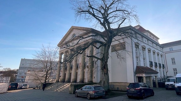 Das Theater in Nordhausen mit einem Baum davor.