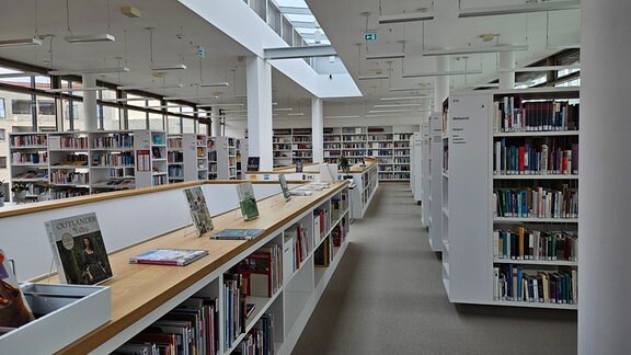 In einem hellen Raum mit Glasfassade stehen in kleinen und großen Regalen Bücher.  