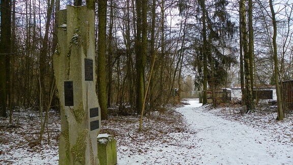 Ein Denkmal erinnert an einem Wanderweg im Mühlhäuser Stadtwald an das ehemalige KZ-Gefangenenlager.