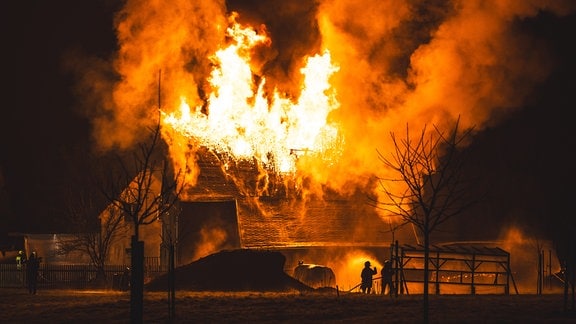Ein Wohnhaus brennt - die Feuerwehr löscht.