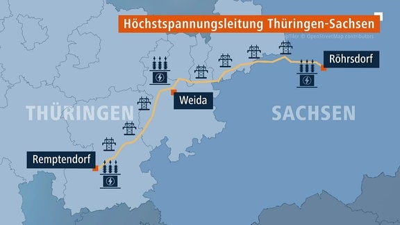 Eine Karte mit Thüringen und Sachsen, darauf eine orange gestrichelte Linie