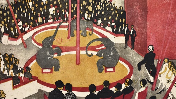 Farblinolschnitt eines Zirkuses mit drei Elefanten auf der Manege.