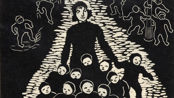 Linolschnitt zeigt eine Kindergärtnerin mit kleinen Kindern.