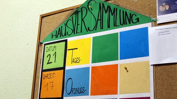Ein Tagesordnungsplan mit bunten Farbflächen im Hausflur an der Wand