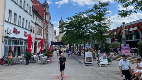 Die Jenaer Innenstadt, rechts eine Reihe von Bäumen.