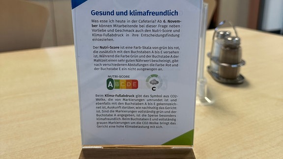 Eine Infotafel informiert über nachhaltiges Essen.