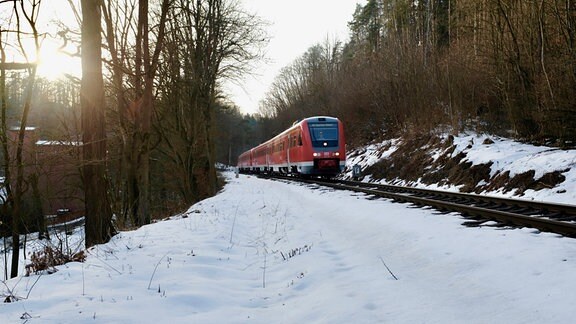 Neigetechik-Dieseltriebwagen von DB Regio auf der Fahrt von Göttingen nach Glauchau auf einem eingleisigen Streckenabschnitt der Bahnstrecke Weimar-Gera nahe Papiermühle im Saale-Holzland-Kreis.