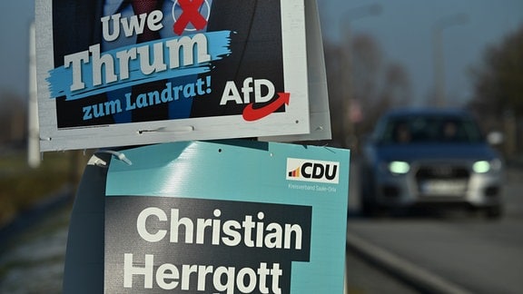 Wahlplakate von AfD und CDU hängen vor der Landratswahl im Saale-Orla-Kreis am 14. Januar am Straßenrand. 
