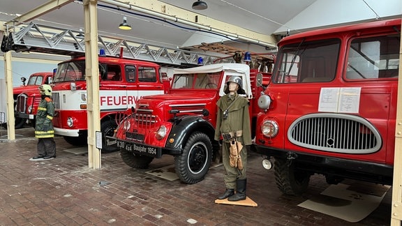 Alte Feuerwehrfahrzeuge in einem Museum