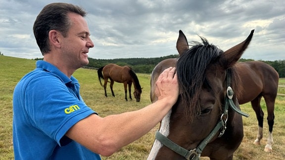 Jochen Stargardt streichelt Pferd auf der Koppel