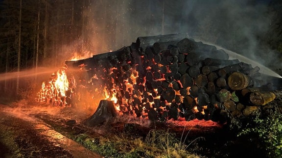 Ein brennender Holzstapel wird im Wald gelöscht.