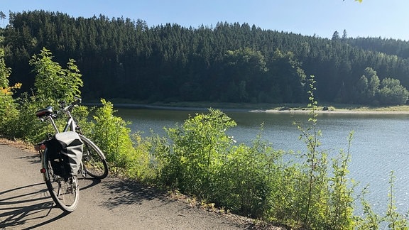 Ein Fahrrad steht auf einem Weg mit schönen Blick auf einen See und Wald. 