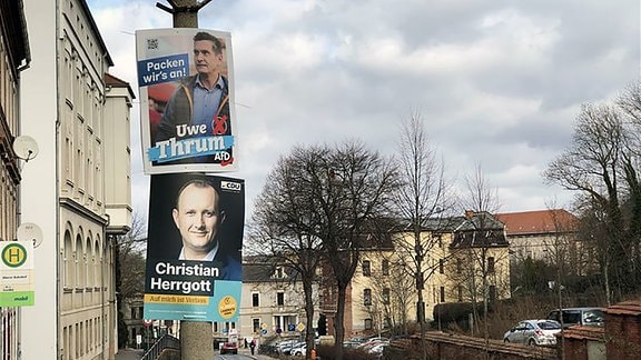 Wahlplakte Stichwahl Saale-Orla-Kreis in Pößneck Uwe Thrum AfD und Christian Herrgott CDU