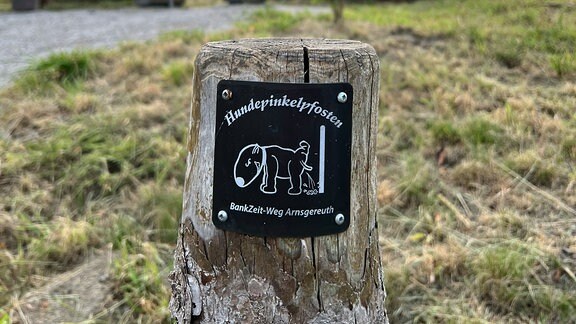 Holzpfosten mit Aufschrift Hundepinkelpfosten