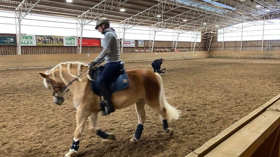 Eine Frau reitet auf einem Pferde in einer Halle