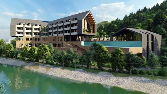 Computer-Modell eines Hotels am Fluss im Schwarzatal