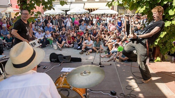 Besucher des Rudolstadt-Festivals verfolgen den Auftritt einer Band.