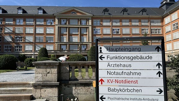 Klinikgebäude, im Vordergrund Wegweiser zu den Stationen.