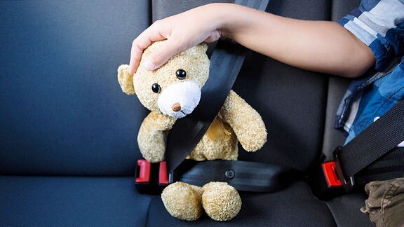 Ein Kind und ein Teddy sitzen angeschnallt im Auto.
