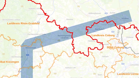 Eine Karte zeigt den geplanten Verlauf einer Stromtrasse von nach Bayern, die auch Südwestthüringen durchkreuzt.