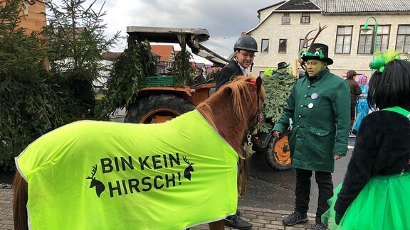 Verkleidetes Pferd mit Pferdedecke mit Aufdruck "Bin kein Hirsch".