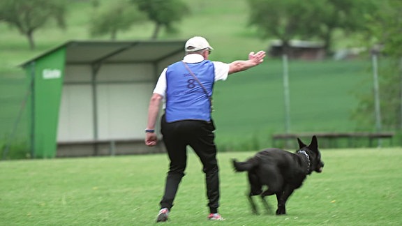 Ein Mann gibt auf einer Wiese einem Hund einen Befehl und zeigt mit dem rechten Arm geradeaus