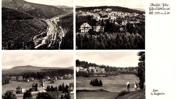 Historische Postkarte Oberhof im Thüringer Wald, Golfplatz, Schneekopf, Schlossberg, Golfhotel