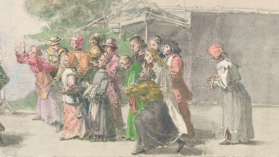 Gemälde einer Gruppe Menschen in historischen Kostümen, im Hintergrund ein Haus