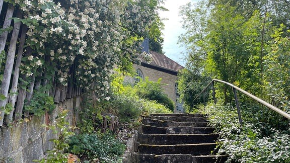 Eine mit Büschen und Blüten gesäumte Treppe führt zu einer Kirche auf einem Hügel.