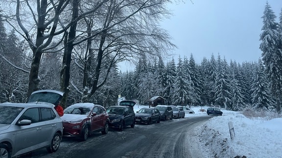 Autos parken am verschneiten Straßenrand