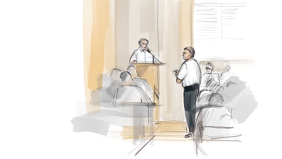 Zeichnung: Ein Mann im weißen Hemd sieht zu einer Person hinter einem Rednerpult.