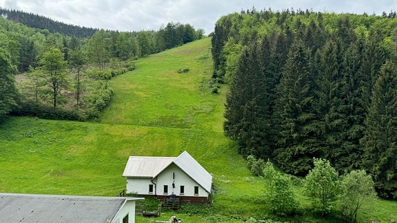 Zwei Häuser an einem Skihang im Sommer.