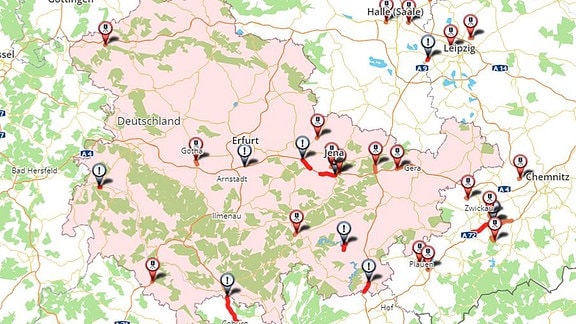 Eine Karte für Thüringen mit aktuellen Baustellen, Blitzern und Staus.
