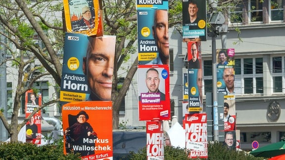 Wahlplakate verschiedener Parteien für die Kommunalwahl hängen in der Erfurter Innenstadt am 01.05.2024 auf dem Anger in Erfurt.