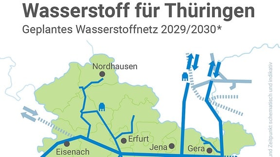 Auf einer Karte des Freistaates Thüringen ist ein Wasserstoffnetz eingezeichnet.