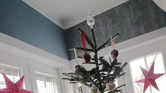 Ein geschmückter Weihnachtsbaum in einer Wohnung