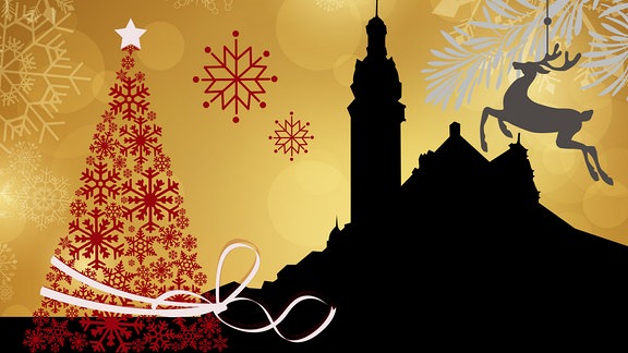 Silhouette des Altenburger Rathauses umrahmt von weihnachtlichen Motiven