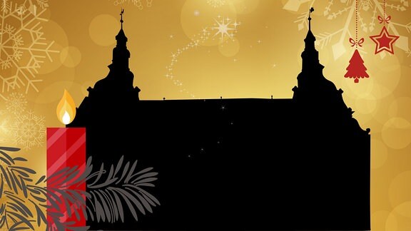 Silhouette des Arnstädter Rathauses umrahmt von weihnachtlichen Motiven 
