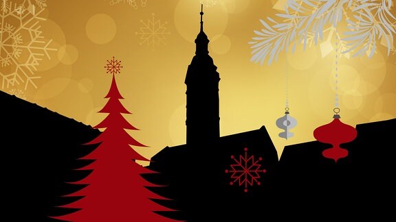 Silhouette des Geraer Rathauses umrahmt von weihnachtlichen Motiven 