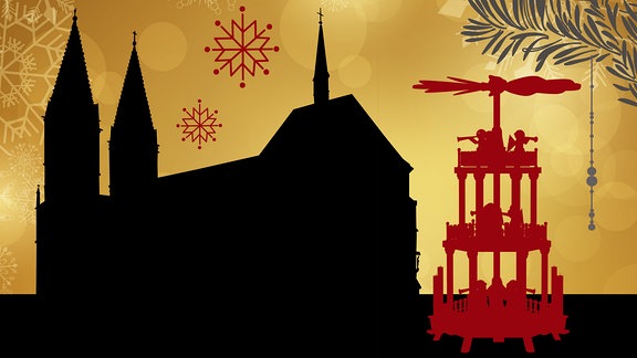 Silhouette der St. Marien Kirche in Heiligenstadt umrahmt von weihnachtlichen Motiven  