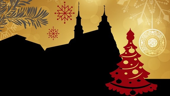 Silhouette des Rathauses in Hildburghausen umrahmt von weihnachtlichen Motiven  